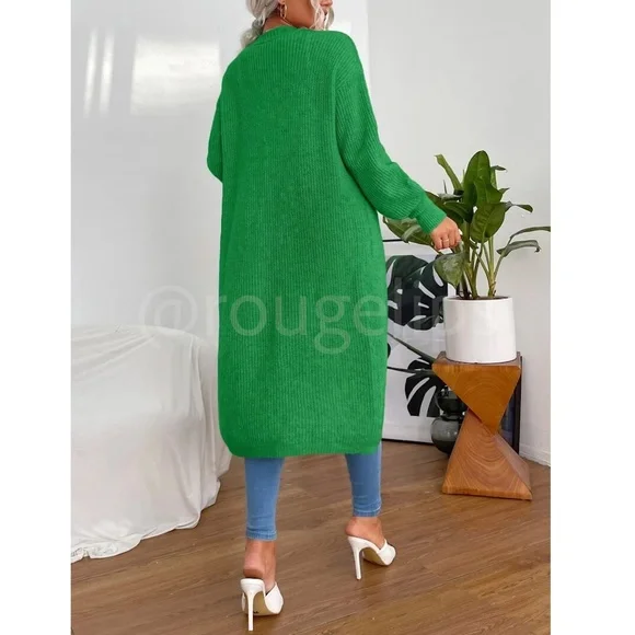 Green Duster Cardigan Front Pockets Cable Knit   Long Sleeve   Midi Length - Picture 2 of 9